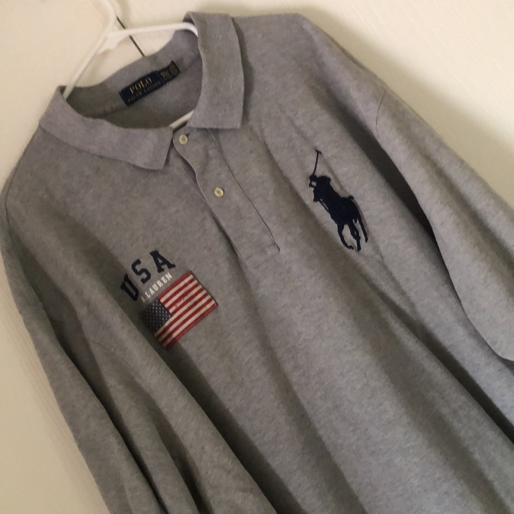 Men’s gray Y2k USA Polo Ralph Lauren collared big pony collar shirt